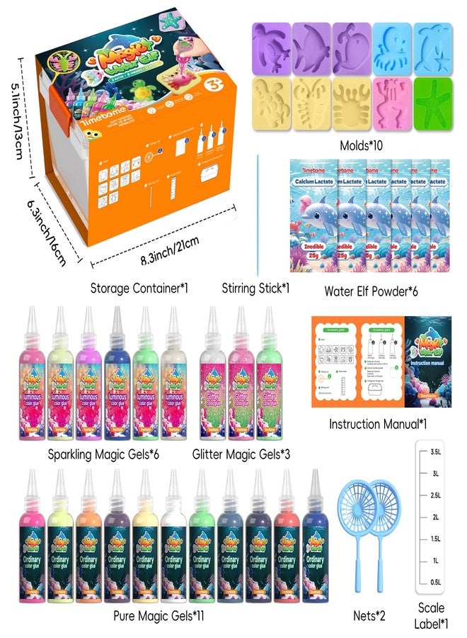 Timetome Magic Water Elf Toy Kit for Kids - 20 Gels (11 Standard + 6 Glitter + 3 Glow) & 10 Molds, DIY Squishy Maker, Aqua Fairy Gel Toys, Night Glow & Glitter, Birthday Gifts for Boys & Girls 3+ - Image 4